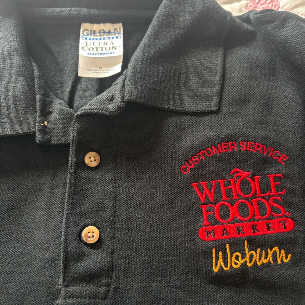 WFM Black Polo w/Embroidered WFM Logo never worn -3 embroidered WFM T's